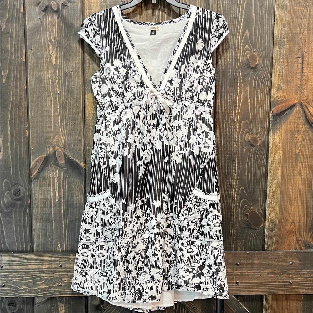 Y2K Population Pop Black White Babydoll Mini Dress 2 Mixed Media Cap Sleeve Boho